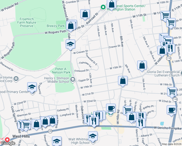 map of restaurants, bars, coffee shops, grocery stores, and more near 20 12th Avenue in Huntington Station