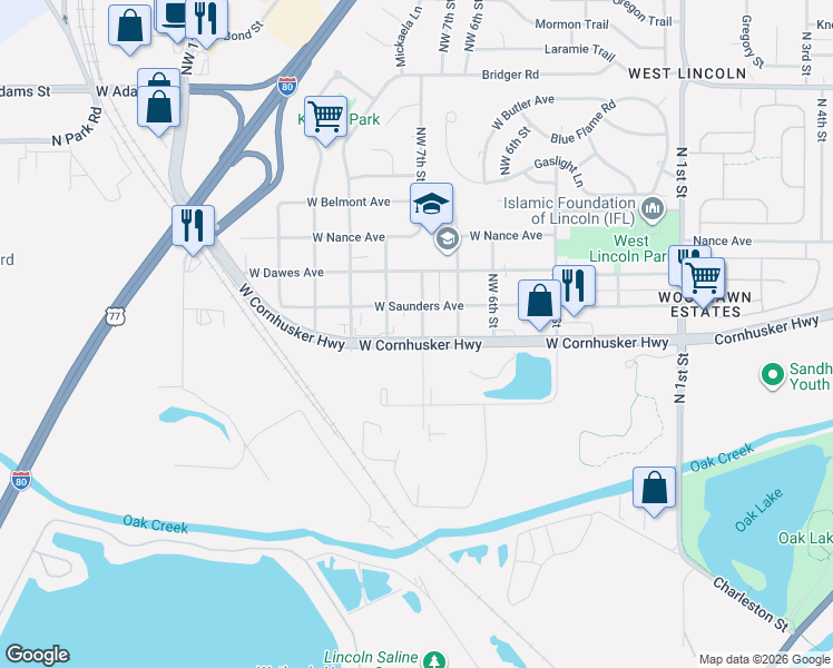 map of restaurants, bars, coffee shops, grocery stores, and more near 2301 Northwest 7th Street in Lincoln