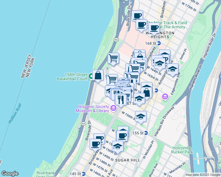 map of restaurants, bars, coffee shops, grocery stores, and more near 835 Riverside Drive in New York