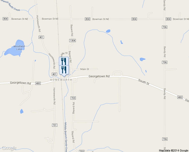 map of restaurants, bars, coffee shops, grocery stores, and more near 23498 Georgetown Road in Homeworth