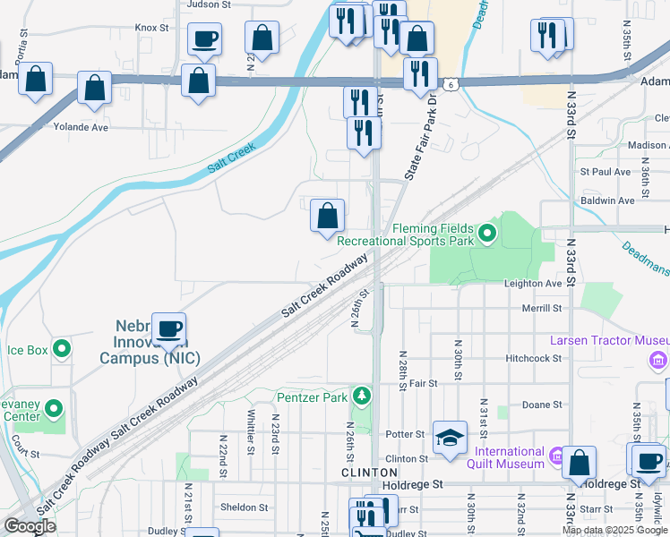 map of restaurants, bars, coffee shops, grocery stores, and more near 2316 Kimarra Place in Lincoln