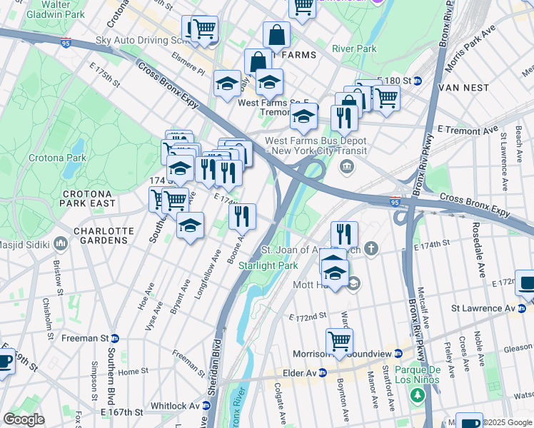 map of restaurants, bars, coffee shops, grocery stores, and more near 1775 West Farms Road in The Bronx
