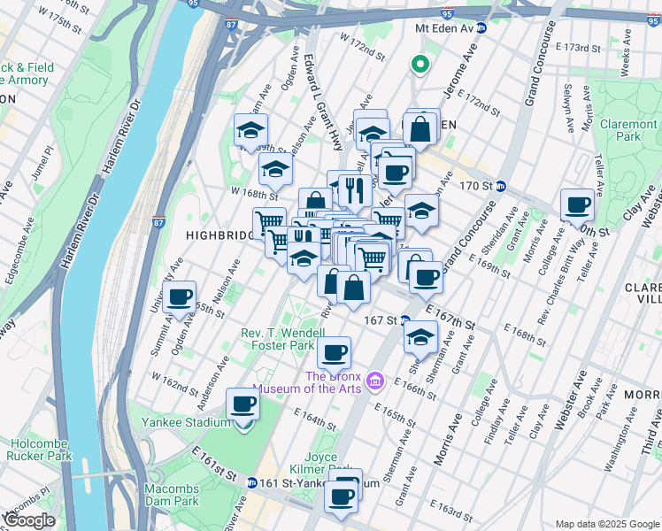 map of restaurants, bars, coffee shops, grocery stores, and more near in The Bronx