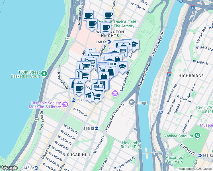 map of restaurants, bars, coffee shops, grocery stores, and more near Amsterdam Avenue & West 162nd Street in New York