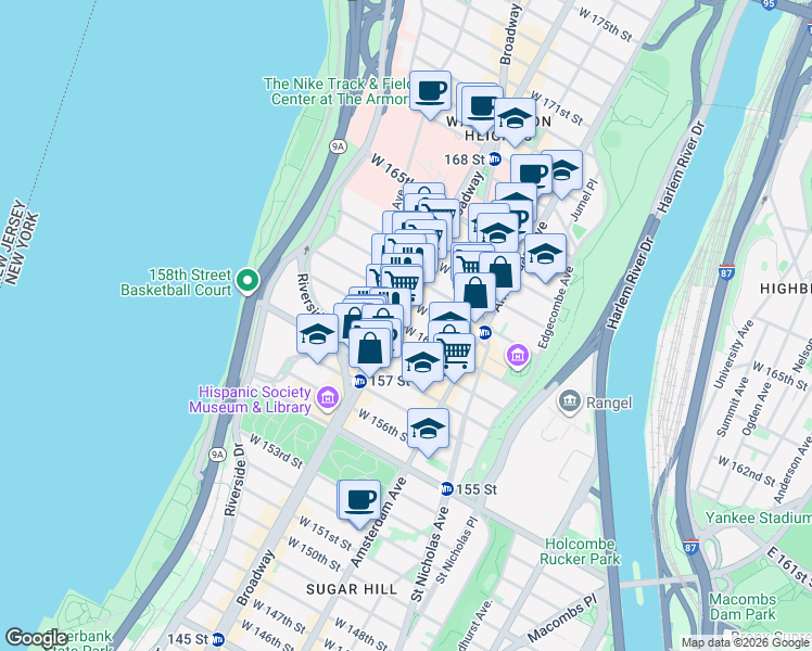 map of restaurants, bars, coffee shops, grocery stores, and more near 555 West 160th Street in New York