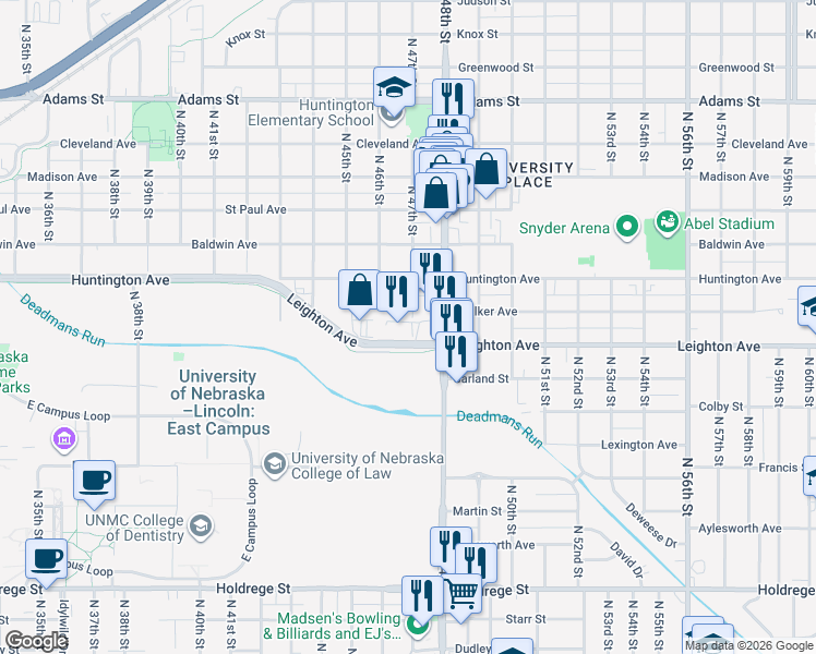 map of restaurants, bars, coffee shops, grocery stores, and more near 4640 Leighton Avenue in Lincoln