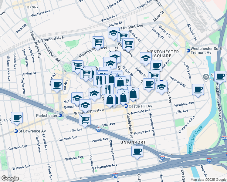 map of restaurants, bars, coffee shops, grocery stores, and more near 2132 Starling Avenue in Bronx