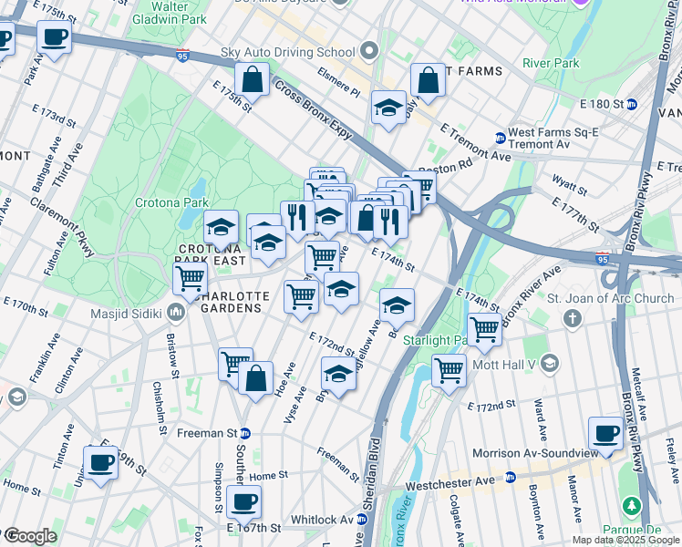 map of restaurants, bars, coffee shops, grocery stores, and more near 1680 Hoe Avenue in The Bronx
