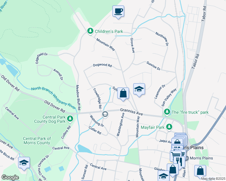 map of restaurants, bars, coffee shops, grocery stores, and more near 50 Sylvan Drive in Morris Plains