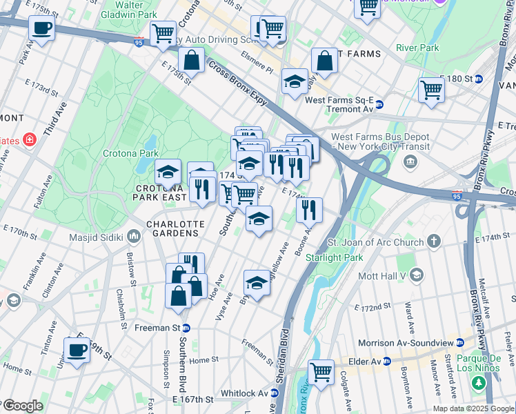 map of restaurants, bars, coffee shops, grocery stores, and more near 1680 Hoe Avenue in Bronx