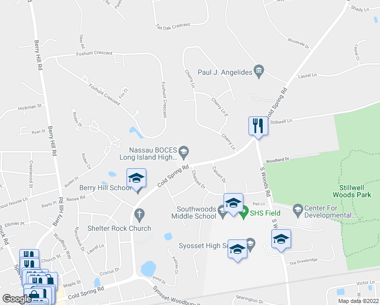map of restaurants, bars, coffee shops, grocery stores, and more near 239 Cold Spring Road in Syosset