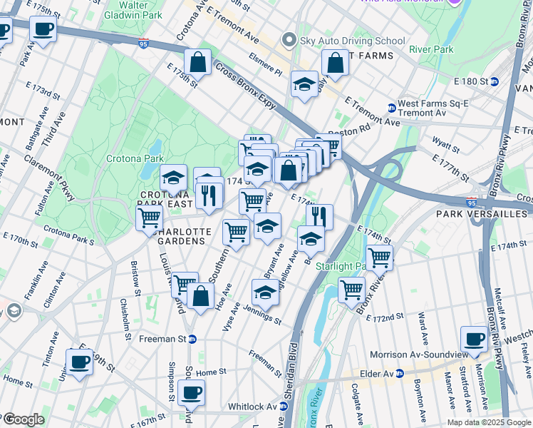 map of restaurants, bars, coffee shops, grocery stores, and more near 1680 Hoe Avenue in Bronx