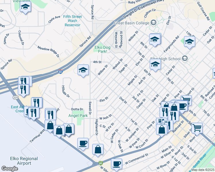 map of restaurants, bars, coffee shops, grocery stores, and more near 1401 2nd Street in Elko
