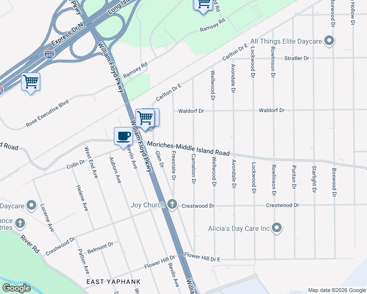 map of restaurants, bars, coffee shops, grocery stores, and more near 85 Moriches-Middle Island Road in Shirley