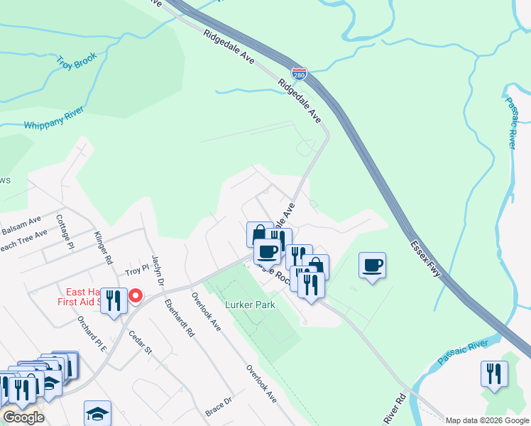 map of restaurants, bars, coffee shops, grocery stores, and more near 10 Brookline Avenue in East Hanover