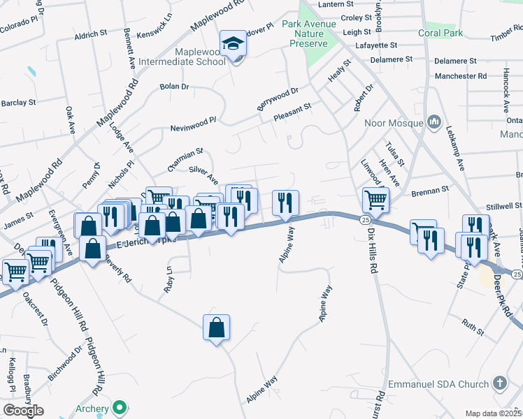 map of restaurants, bars, coffee shops, grocery stores, and more near 6 Cooper Avenue in Huntington Station