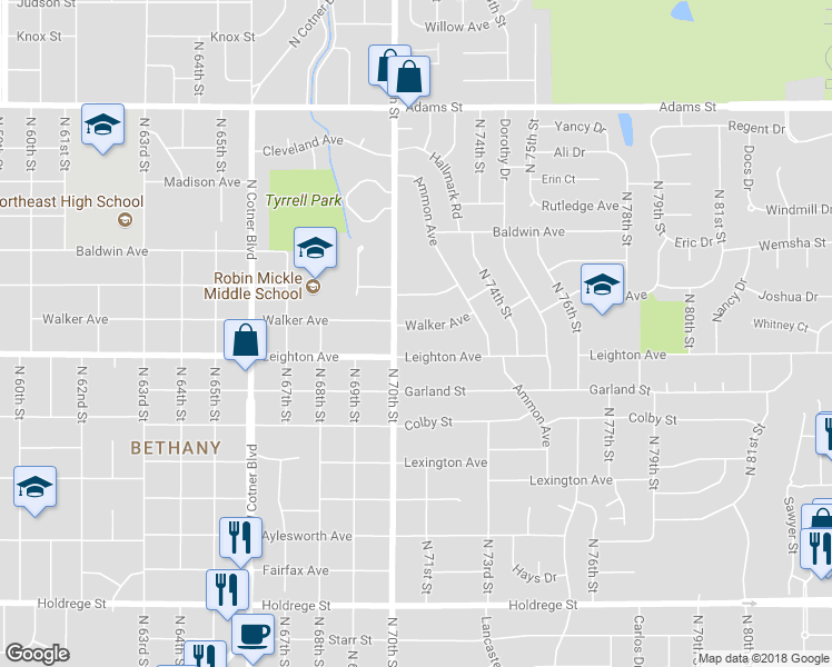 map of restaurants, bars, coffee shops, grocery stores, and more near 7021 Walker Avenue in Lincoln