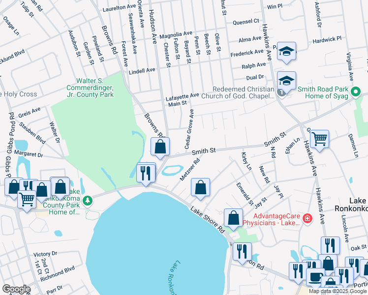 map of restaurants, bars, coffee shops, grocery stores, and more near 4 Cedar Grove Avenue in Lake Grove