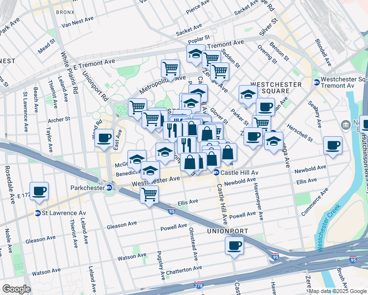 map of restaurants, bars, coffee shops, grocery stores, and more near 2112 Starling Avenue in Bronx