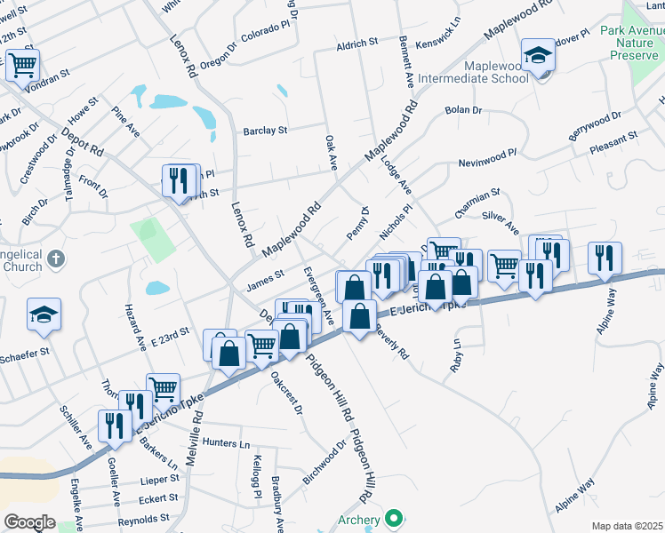 map of restaurants, bars, coffee shops, grocery stores, and more near 23 Beverly Road in Huntington Station
