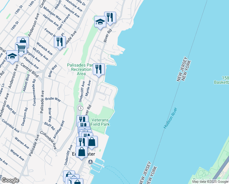 map of restaurants, bars, coffee shops, grocery stores, and more near 1225 River Road in Edgewater