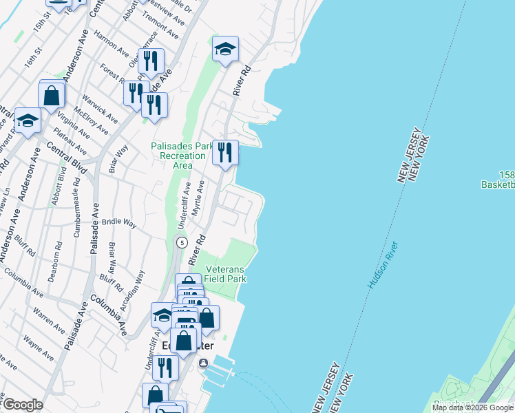 map of restaurants, bars, coffee shops, grocery stores, and more near 1225 River Road in Edgewater