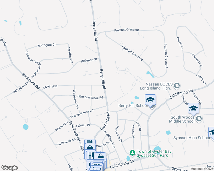 map of restaurants, bars, coffee shops, grocery stores, and more near 236 Berry Hill Road in Syosset