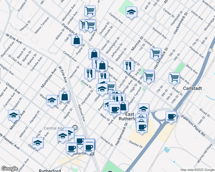 map of restaurants, bars, coffee shops, grocery stores, and more near 74 Uhland Street in East Rutherford