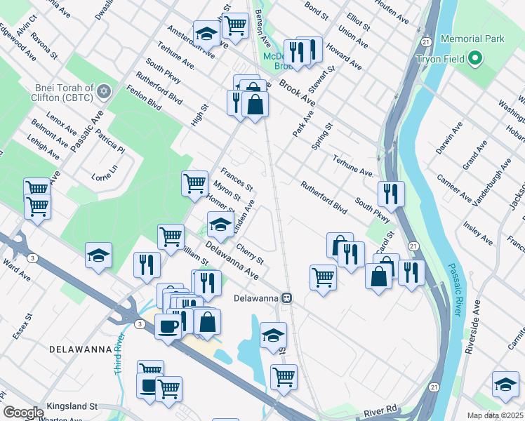 map of restaurants, bars, coffee shops, grocery stores, and more near 107 Cambridge Court in Clifton