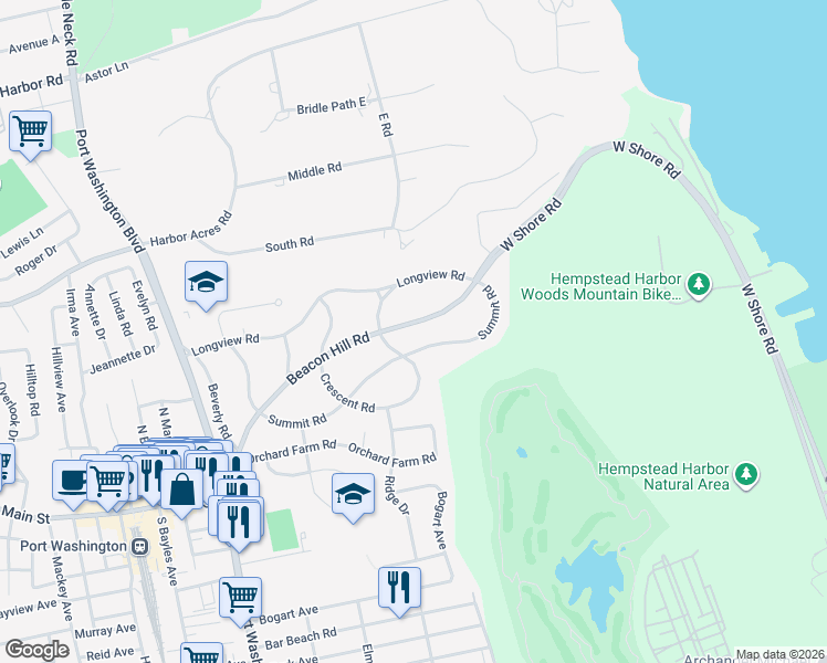 map of restaurants, bars, coffee shops, grocery stores, and more near 54 Beacon Hill Road in Port Washington