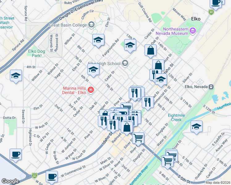 map of restaurants, bars, coffee shops, grocery stores, and more near 7th Street in Elko