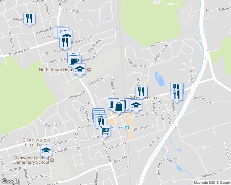 map of restaurants, bars, coffee shops, grocery stores, and more near 27 Todd Drive East in Glen Head