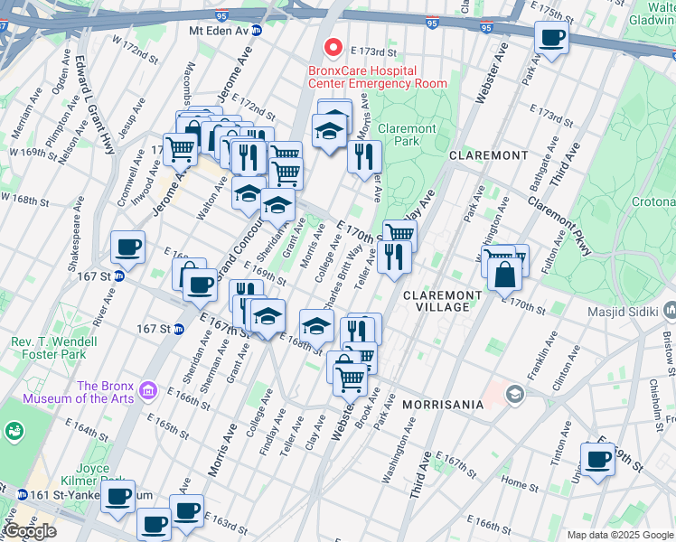 map of restaurants, bars, coffee shops, grocery stores, and more near 1340 College Avenue in Bronx