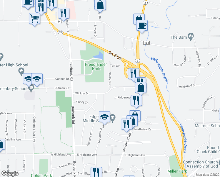 map of restaurants, bars, coffee shops, grocery stores, and more near 3107 Shelly Boulevard in Wooster