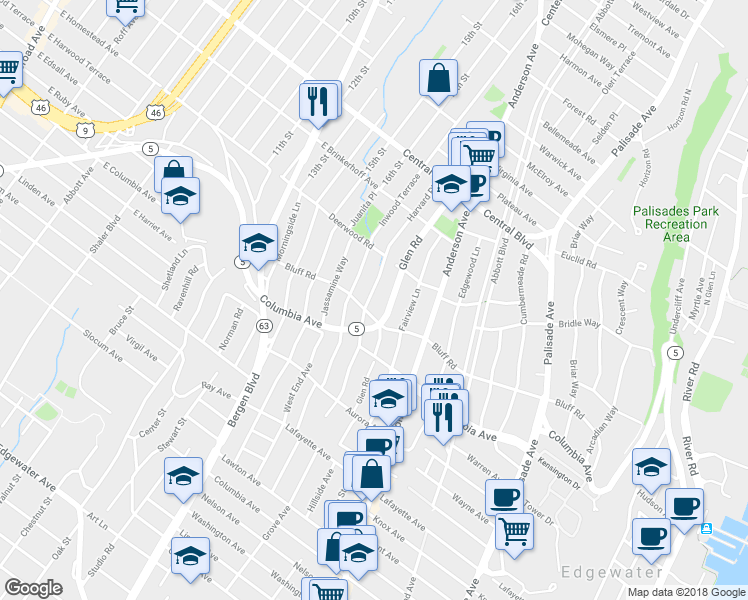 map of restaurants, bars, coffee shops, grocery stores, and more near 1034 Harvard Place in Fort Lee