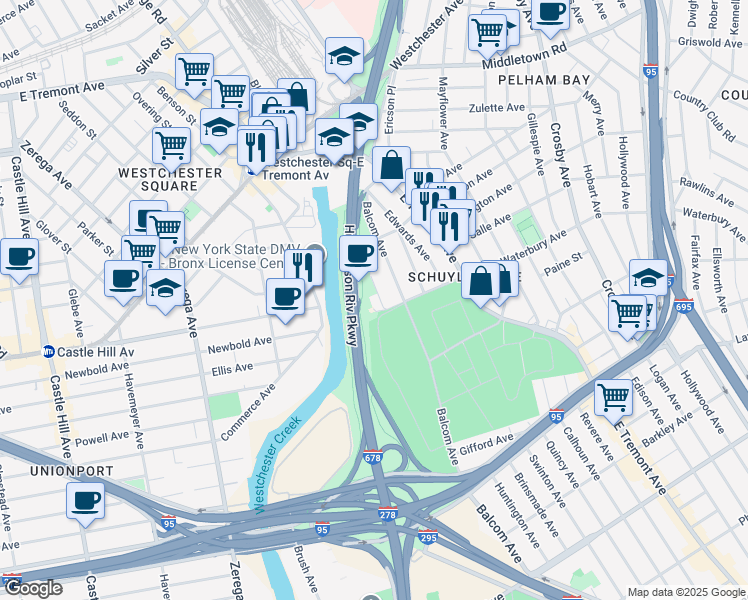 map of restaurants, bars, coffee shops, grocery stores, and more near 1311 Vreeland Avenue in Bronx