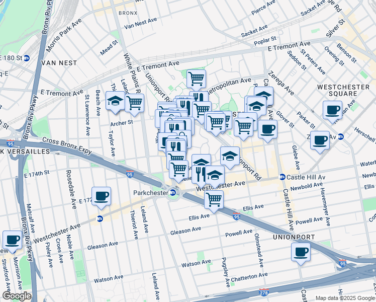 map of restaurants, bars, coffee shops, grocery stores, and more near 1448 East Avenue in Bronx