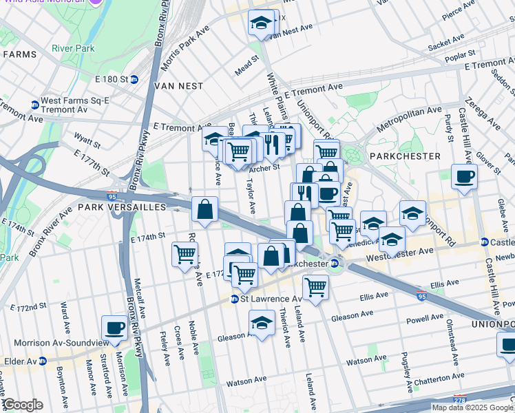 map of restaurants, bars, coffee shops, grocery stores, and more near 1422 Taylor Avenue in Bronx