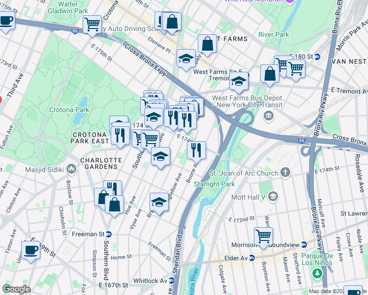 map of restaurants, bars, coffee shops, grocery stores, and more near 1707 Bryant Avenue in Bronx