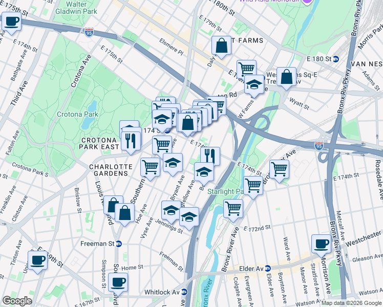 map of restaurants, bars, coffee shops, grocery stores, and more near 1707 Bryant Avenue in Bronx