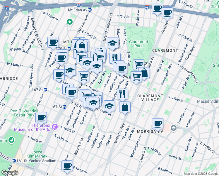 map of restaurants, bars, coffee shops, grocery stores, and more near 1315 Morris Avenue in Bronx