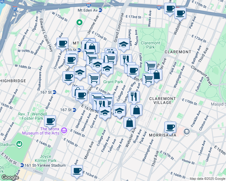 map of restaurants, bars, coffee shops, grocery stores, and more near 1315 Morris Avenue in Bronx