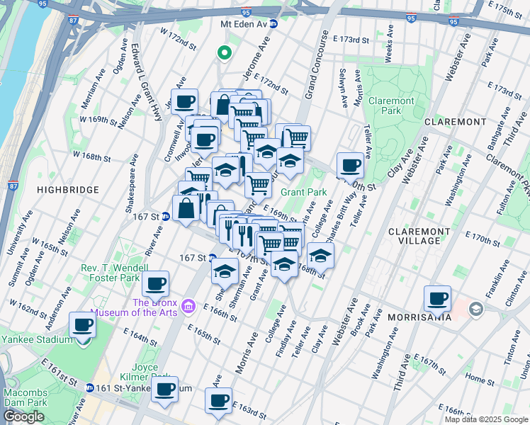 map of restaurants, bars, coffee shops, grocery stores, and more near in The Bronx