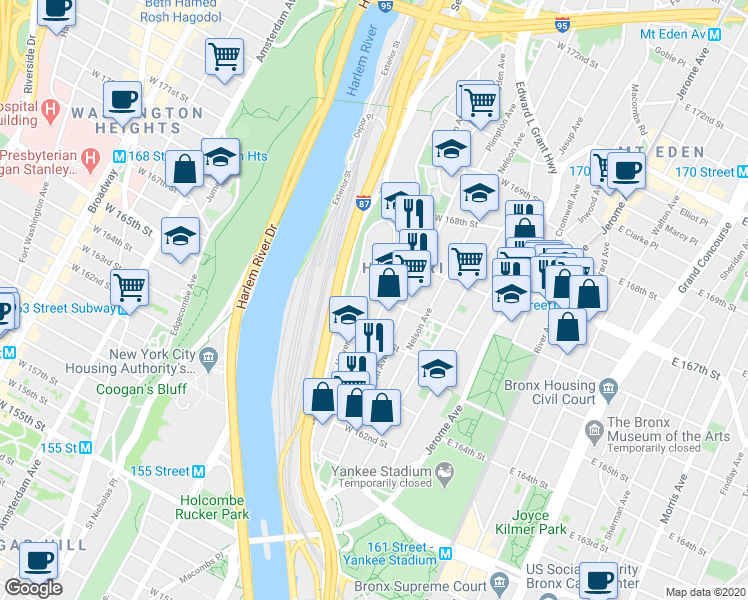 map of restaurants, bars, coffee shops, grocery stores, and more near 190 West 166th Street in The Bronx