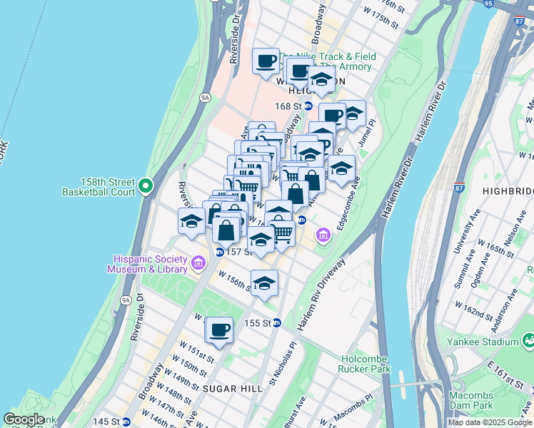 map of restaurants, bars, coffee shops, grocery stores, and more near 572 West 161st Street in New York