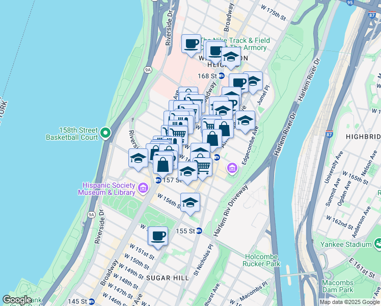 map of restaurants, bars, coffee shops, grocery stores, and more near 572 West 161st Street in New York