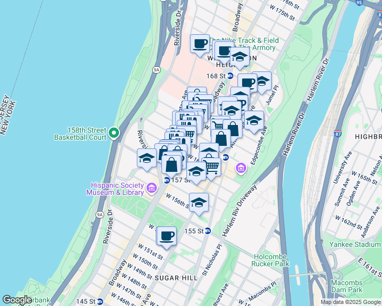 map of restaurants, bars, coffee shops, grocery stores, and more near 572 West 161st Street in New York
