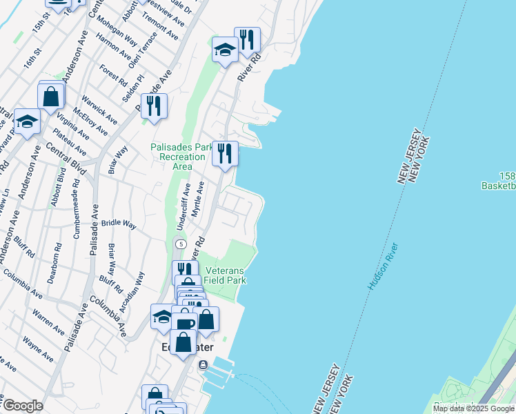 map of restaurants, bars, coffee shops, grocery stores, and more near 1225 River Road in Edgewater