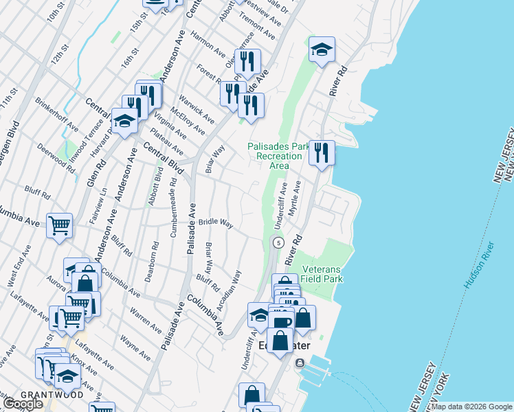 map of restaurants, bars, coffee shops, grocery stores, and more near 3 Crescent Way in Fort Lee