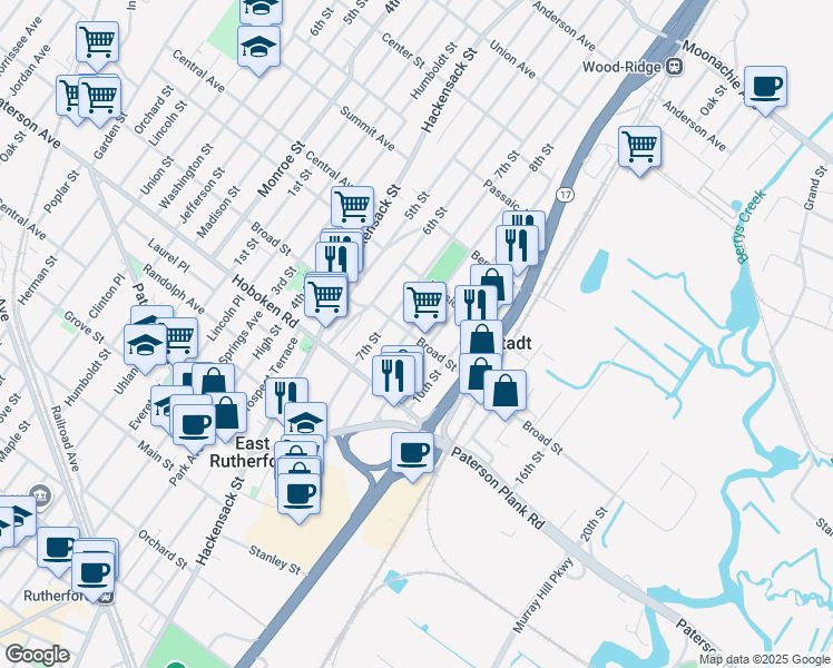 map of restaurants, bars, coffee shops, grocery stores, and more near 344 8th Street in Carlstadt